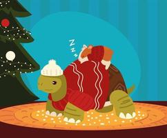 christmas, sleeping hamster on turtle with tree celebration vector