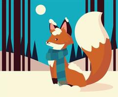 navidad lindo zorro con bufanda animal en la nieve escena nocturna vector