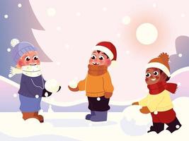 happy little boys with warm clothes playing in the snowballs, winter scene vector