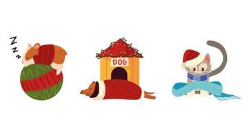 christmas cute animals include hamster dog cat with sweater and scarf vector