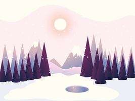 paisaje de invierno pinos bosque montañas cielo vector