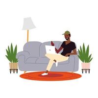 afro american man with laptop on sofa living room, indoor activities vector