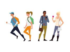 personas que usan teléfonos inteligentes y actividades para caminar. vector