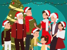 christmas people, portrait family with tree celebrating season party vector