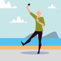 blonde man taking selfie on the seashore vector