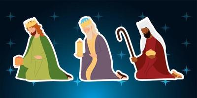 Natividad, pesebre reyes sabios personajes sobre fondo degradado vector