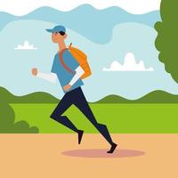 young man running with backpack in the park vector