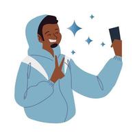 young smiling man with smartphone takes a selfie vector