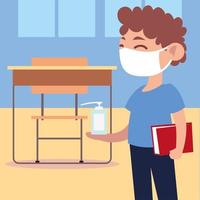 back to school for new normal, student boy with book and hand sanitizer in the classroom vector