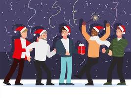 Navidad hombres celebrando fiesta regalo confeti decoración vector