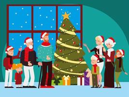 christmas people, big family with tree lights decoration celebrating season party vector