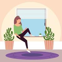 girl sitting on window with potted plants in the room vector