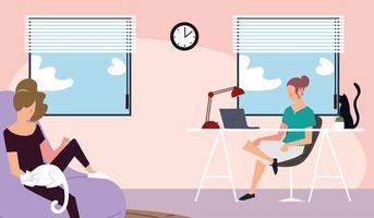 women in home, working with laptop and resting on chair vector