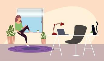 girl sitting on window with workspace in the room vector