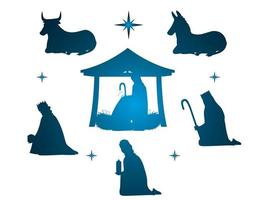 nativity, gradient characters manger family wise kings and animals vector