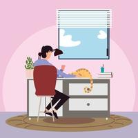 back view man with cat on desk in the room vector