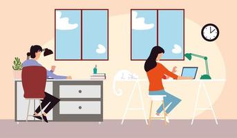 girl and boy in home working or studying on laptop vector