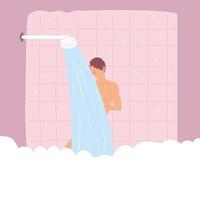 Hombre tomando un baño en la ducha con burbujas vector