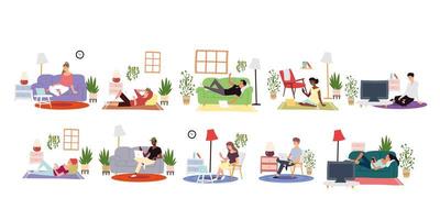 people at home working and leisure or recreation, indoor activities vector