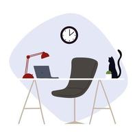 workspace with desk laptop lamp clock and cat vector