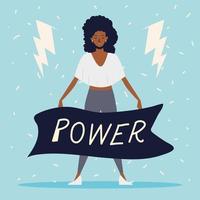 girl power, afro american woman with power message in ribbon vector