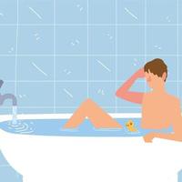 man taking bath in bathtub with rubber duck vector