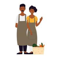 couple wearing apron with basket filled fruit and vegetable vector