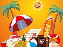 viajes de vacaciones de verano, tabla de surf, sombrilla, silla, cóctel de frutas, palmeras tropicales vector