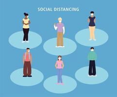 social distancing, group people with masks standing keep distance during coronavirus covid 19 vector
