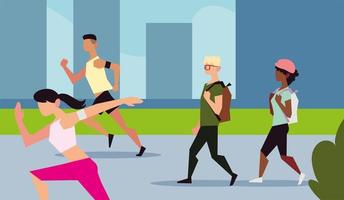 people in the street walking and running sport activity outdoor vector