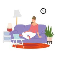 woman sitting on sofa with laptop in the living room, indoor activities vector