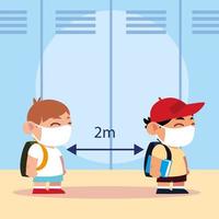 back to school for new normal, little boys students with masks and keep distance vector