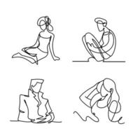 men and women characters icons continuous line style vector