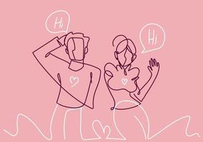 young couple talking romantic continuous line, isolated design, pink background vector