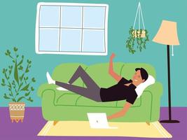 man lying on a sofa watching on a computer, indoor activities vector