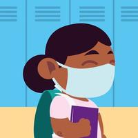 back to school for new normal, little girl student with protective mask and book vector