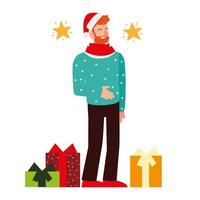 christmas people, bearded man with wrapped gift boxes and stars celebrating season party vector