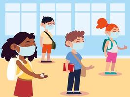 back to school for new normal, group students in classroom keep physical distance vector