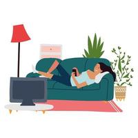 girl lying on sofa with smartphone in room, indoor activities vector