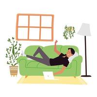 young man lying on sofa with computer indoor activities vector