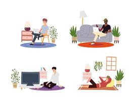 men with laptop computer working or lying indoor activities vector