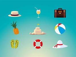 viajes de vacaciones de verano, sombrero piña maleta cóctel flotador iconos de castillos de arena vector