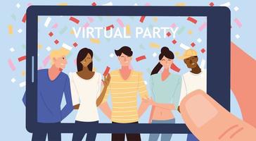 Fiesta virtual con dibujos animados de hombres mujeres y confeti en diseño vectorial de teléfonos inteligentes vector