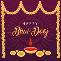 happy bhai dooj with yellow flowers bindi drop and bowl vector design