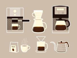 coffee brewing methods, machine appliances kettle cups and pack icons vector