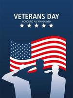 happy veterans day, soldiers saluting US flag memorial vector