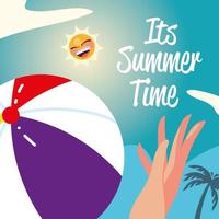 summer vacation travel, hand with beach ball and palm vector