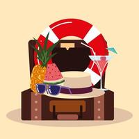 summer vacation travel, suitcase float fruits sunglasses and cocktail vector