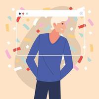 virtual party with blond man cartoon and confetti in screen vector design