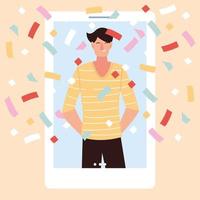 virtual party with man cartoon and confetti in smartphone vector design